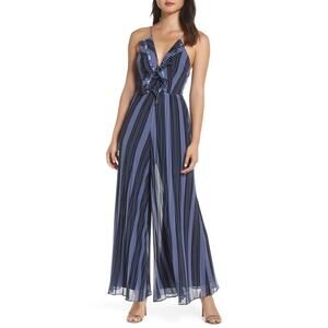 Keepsake Navy Stripe Ruffle Trim V-Neck Wide Leg Jumpsuit Size Small